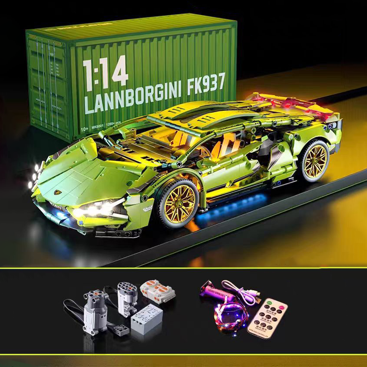 1:14 Scale RC Building Block Car Kit - Green Supercar Model with Remote Control, Motors, LED Lights & Container Box Gift for Kids and Adults