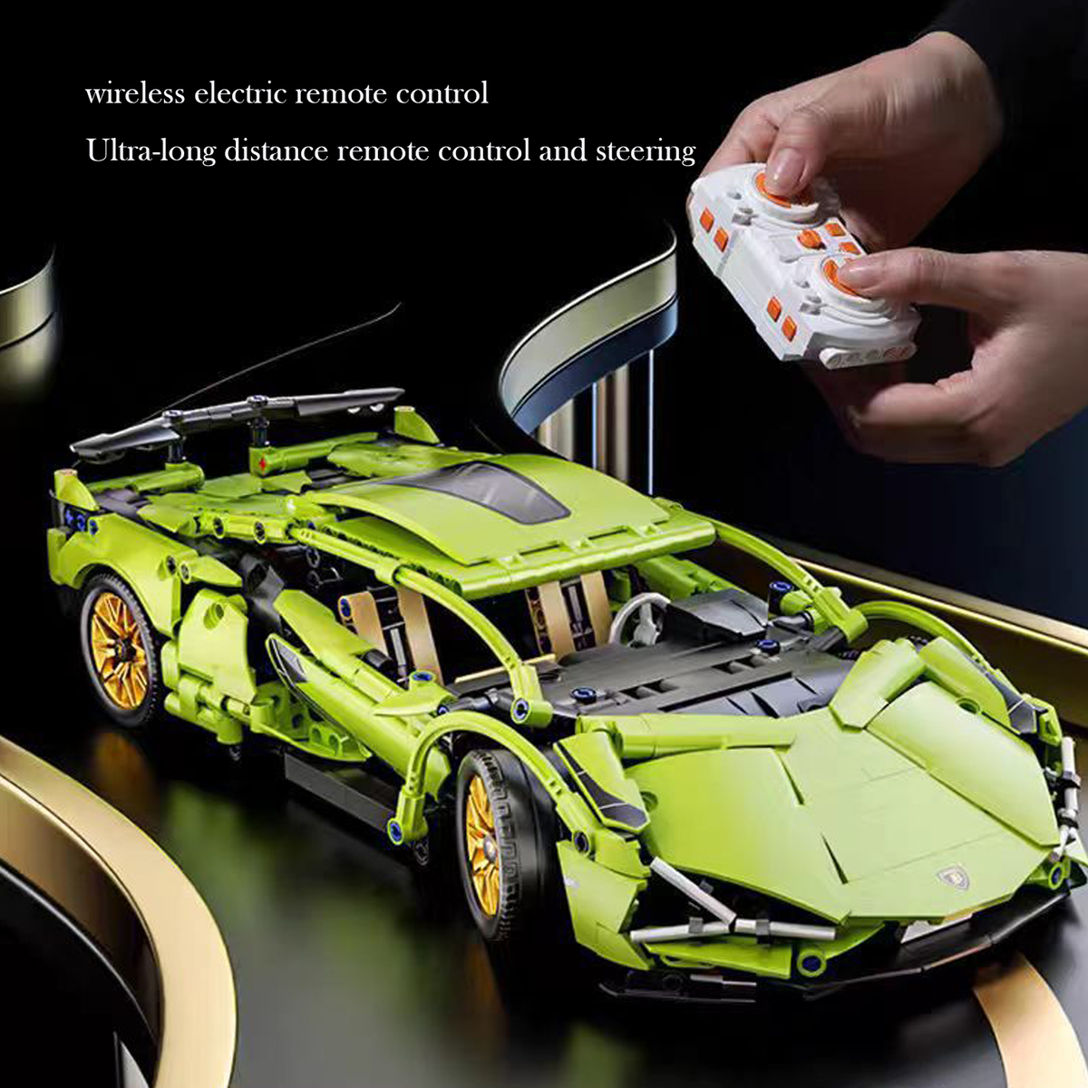1:14 Scale RC Building Block Car Kit - Green Supercar Model with Remote Control, Motors, LED Lights & Container Box Gift for Kids and Adults