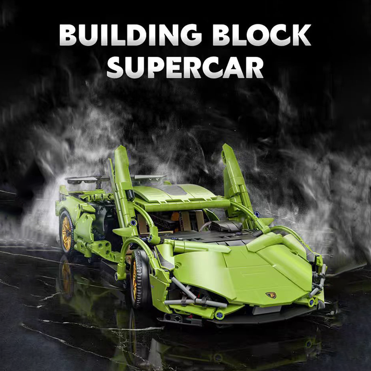 1:14 Scale RC Building Block Car Kit - Green Supercar Model with Remote Control, Motors, LED Lights & Container Box Gift for Kids and Adults