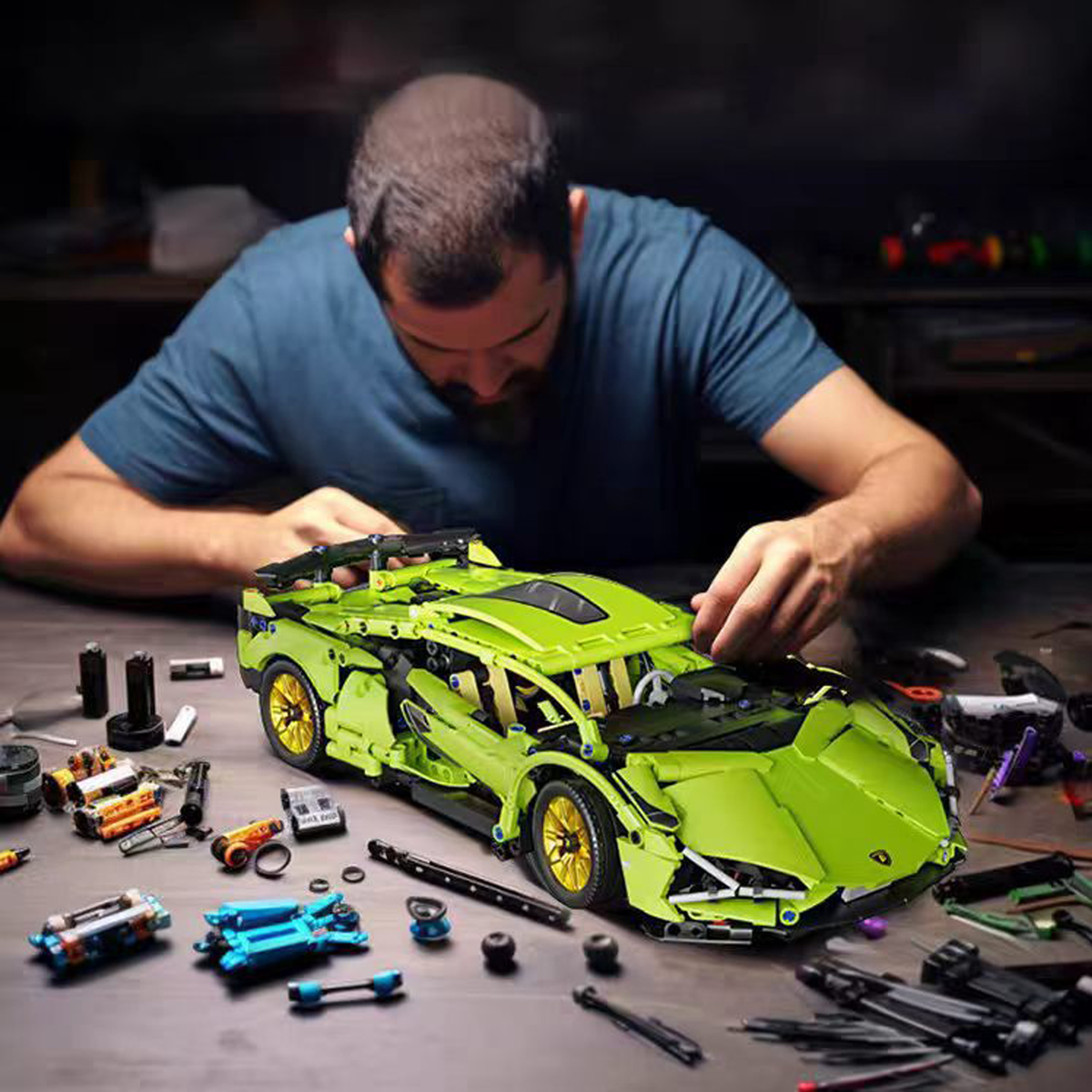 1:14 Scale RC Building Block Car Kit - Green Supercar Model with Remote Control, Motors, LED Lights & Container Box Gift for Kids and Adults