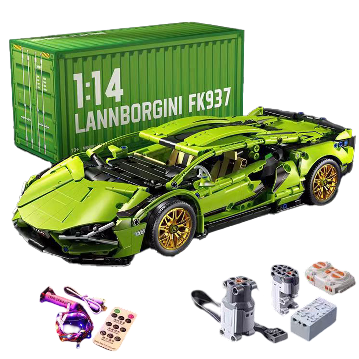 1:14 Scale RC Building Block Car Kit - Green Supercar Model with Remote Control, Motors, LED Lights & Container Box Gift for Kids and Adults