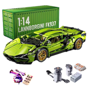 1:14 Scale RC Building Block Car Kit - Green Supercar Model with Remote Control, Motors, LED Lights & Container Box Gift for Kids and Adults