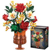 1129PCS Everlasting Flower Bouquet Building Set with Amber Vase – Botanical Collection Home Decor