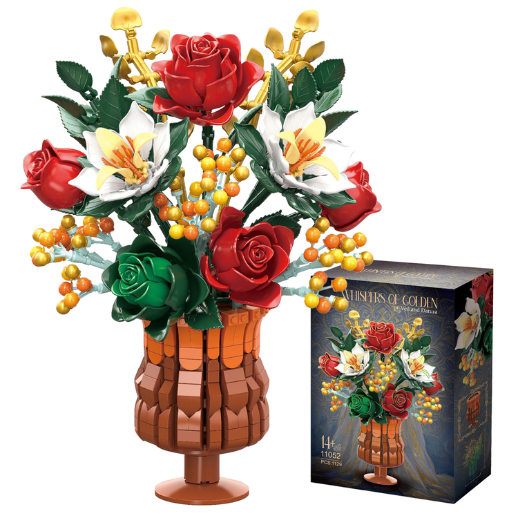 1129PCS Everlasting Flower Bouquet Building Set with Amber Vase – Botanical Collection Home Decor