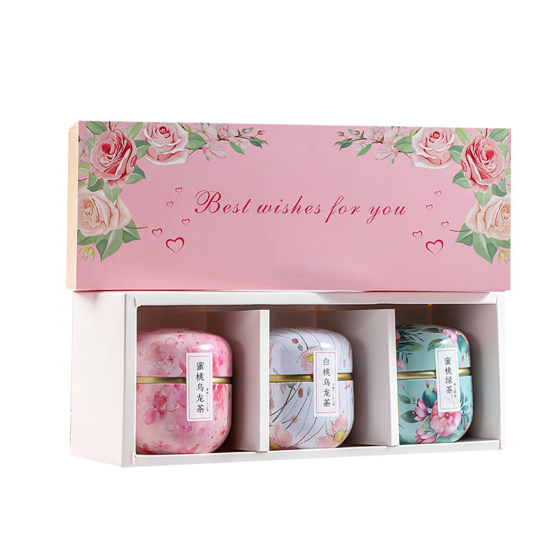 Premium Peach Oolong Tea Gift Set – 3-Flavor Fruit Tea Sampler with Aesthetic Floral Box & Reusable Tins