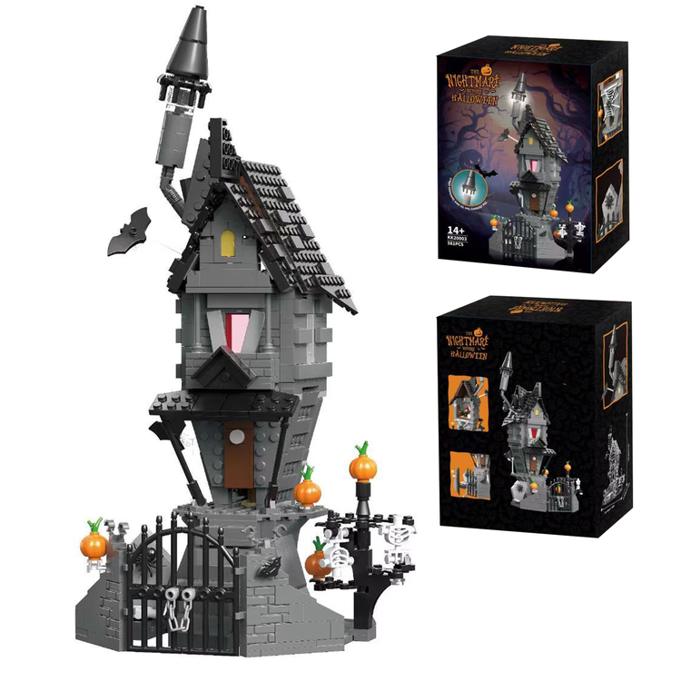 581PCS Spooky Gothic House Building Set – Light-Up Crooked Tower Model with Luminous Chimney & Pumpkins