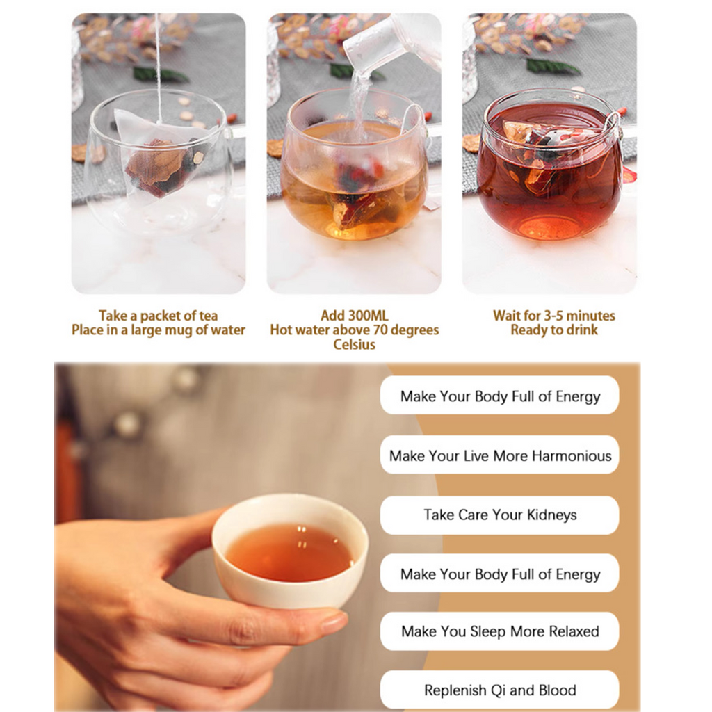 Premium Ginseng Five Treasure Tea - Natural Energy & Adaptogen Herbal Blend with Goji, Black Goji & Red Dates (30 Individual Bags)
