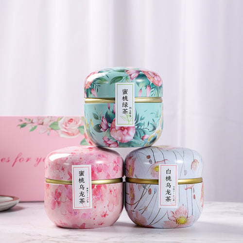 Premium Peach Oolong Tea Gift Set – 3-Flavor Fruit Tea Sampler with Aesthetic Floral Box & Reusable Tins