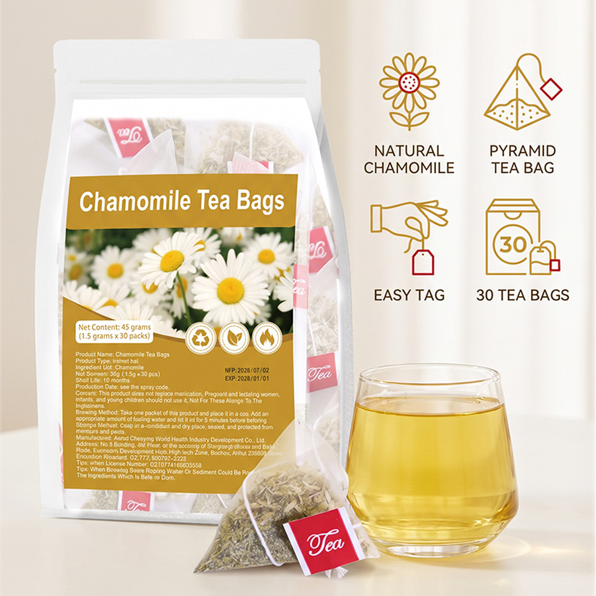 Premium Pure Chamomile Tea Bags – 30 Pyramid Sachets with Easy-Tag, Caffeine-Free Herbal Infusion for Relaxation & Sleep Support