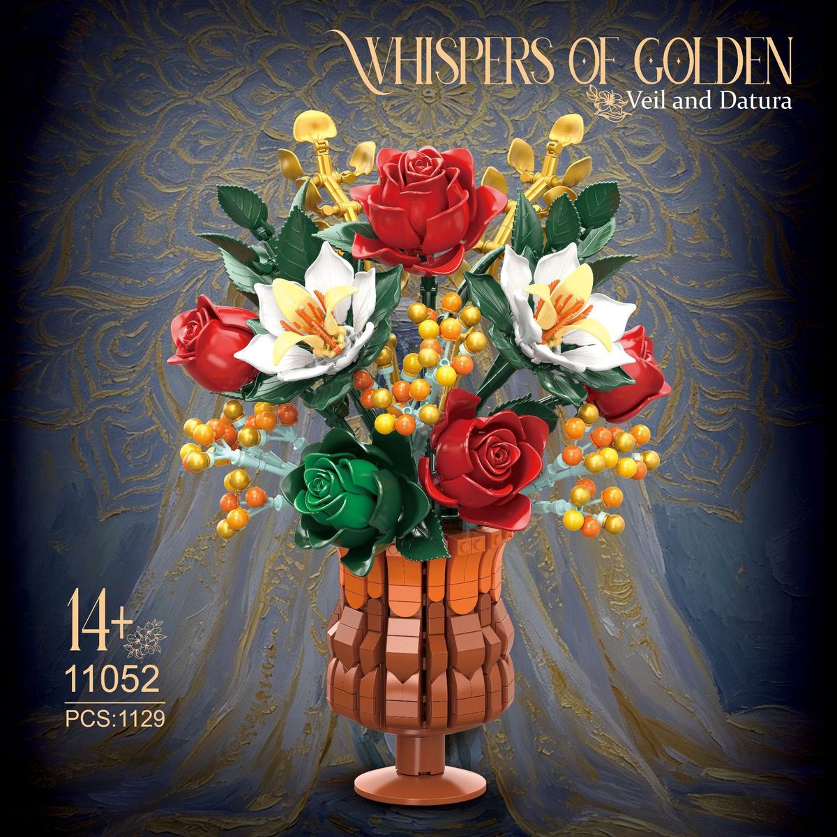 1129PCS Everlasting Flower Bouquet Building Set with Amber Vase – Botanical Collection Home Decor