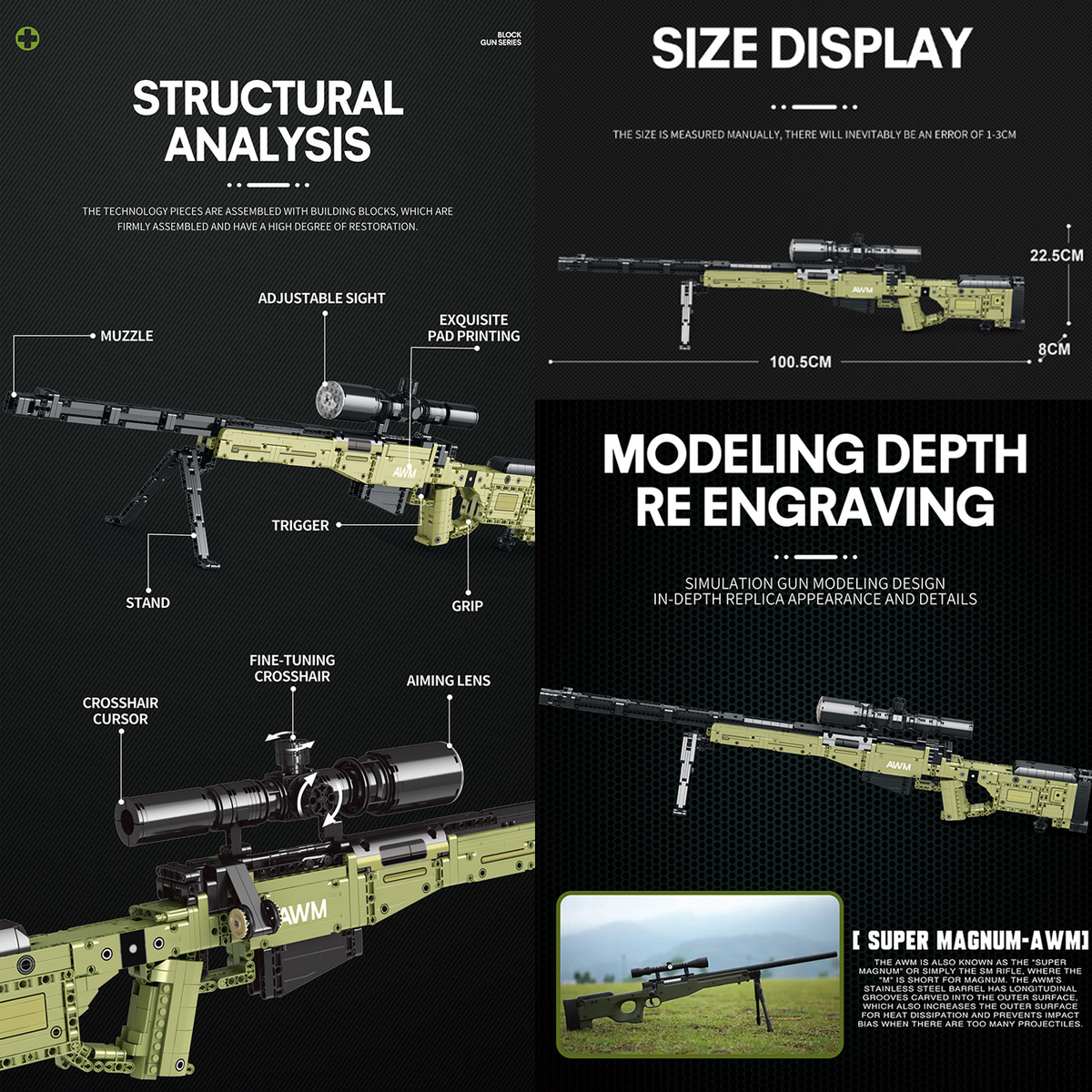 Military AWM Sniper Rifle Building Block Kit, 100.5cm Interactive Toy Blaster with Scope & Bipod, 1:1 Scale Large Tactical Building Block Model for Adults & Teens, Birthday Gift for Boys Age 14+ (1336+Piece)