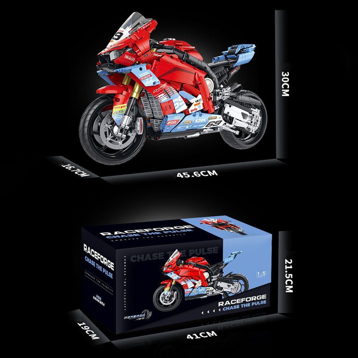 1:5 Scale Racing Motorcycle Building Set for Adults & Teens, RACEFORGE MOC Superbike Model Kit with Display Stand, Collectible Birthday Gift for Boys Age 8-14 12-16