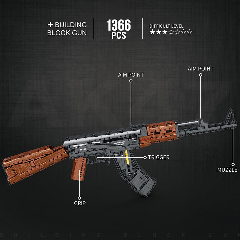 AK47 Assault Rifle Building Block Toy Set, Military Rifle Building Set for Adults & Teens, 83.5cm Interactive Toy Blaster Model with Removable Magazine, Birthday Gift for Boys Age 14+ (1366 Piece)