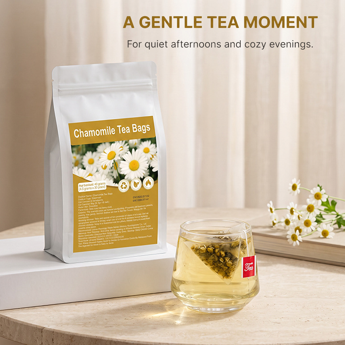 Premium Pure Chamomile Tea Bags – 30 Pyramid Sachets with Easy-Tag, Caffeine-Free Herbal Infusion for Relaxation & Sleep Support