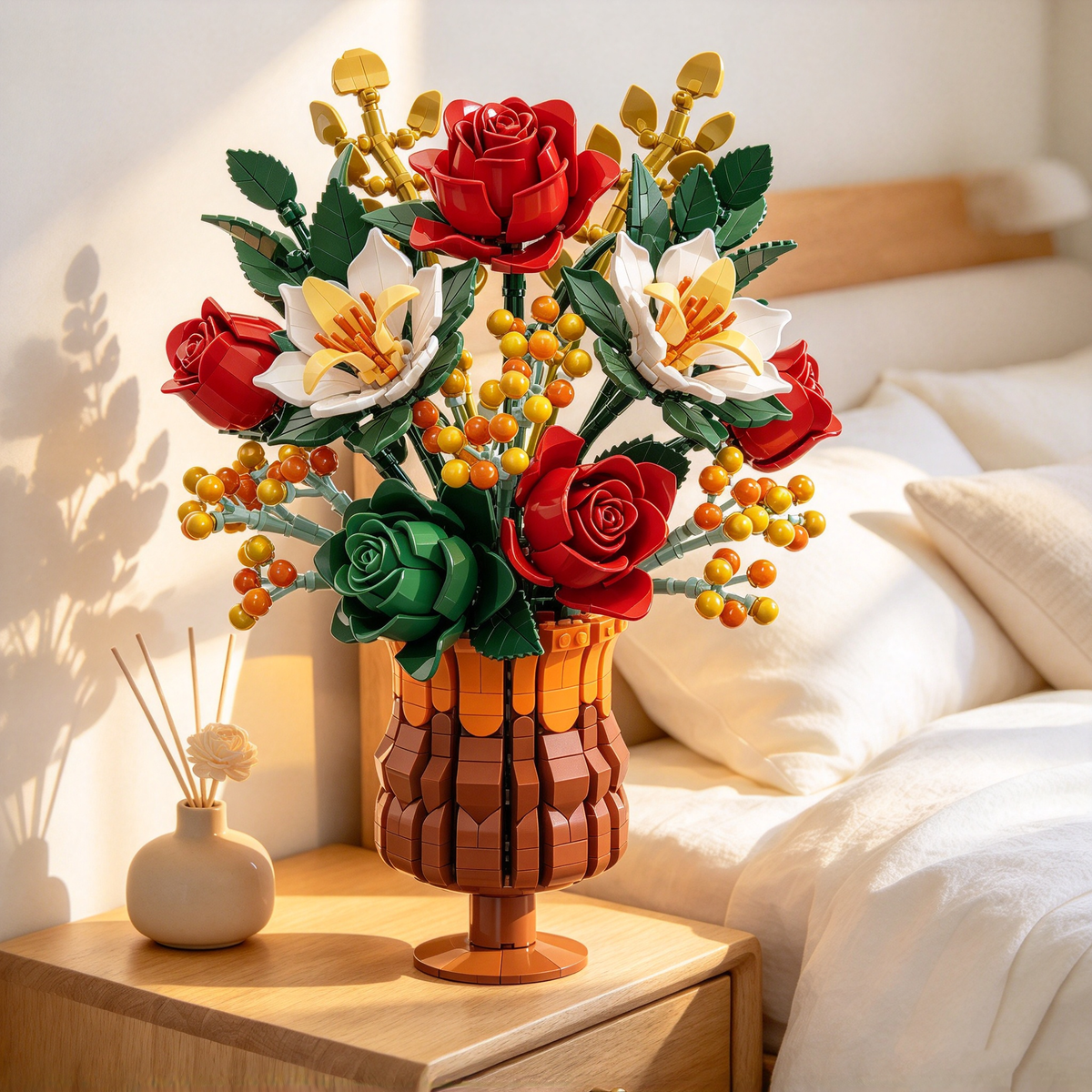 1129PCS Everlasting Flower Bouquet Building Set with Amber Vase – Botanical Collection Home Decor