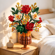 1129PCS Everlasting Flower Bouquet Building Set with Amber Vase – Botanical Collection Home Decor