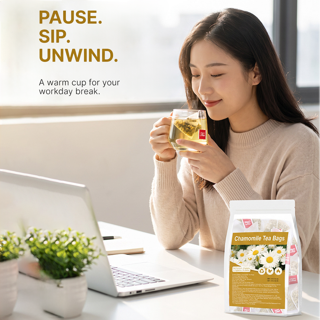 Premium Pure Chamomile Tea Bags – 30 Pyramid Sachets with Easy-Tag, Caffeine-Free Herbal Infusion for Relaxation & Sleep Support