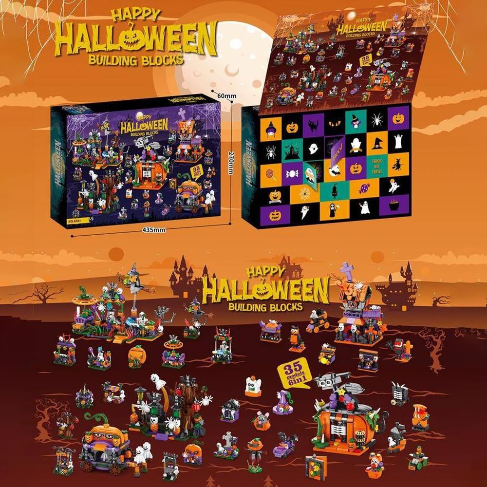 Halloween Advent Calendar 2026 Building Blocks, 31 Days Halloween Countdown Blind Box, 6 in 1 DIY Creative Assembly Kits, Creative Halloween Ornament and Present