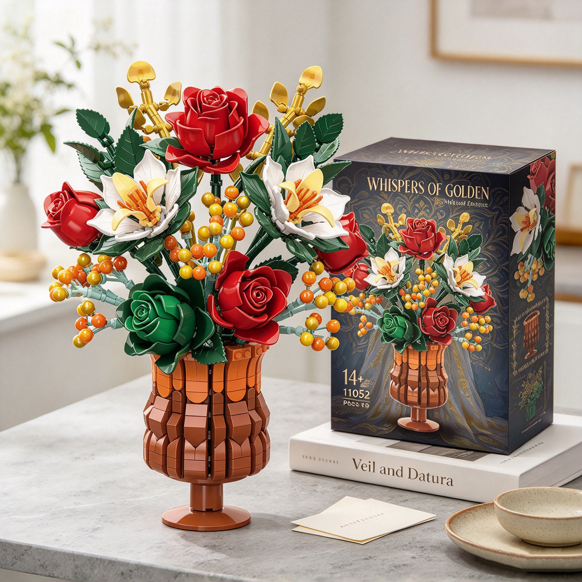 1129PCS Everlasting Flower Bouquet Building Set with Amber Vase – Botanical Collection Home Decor