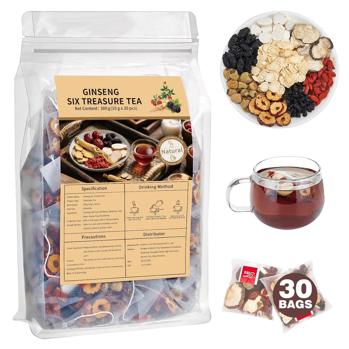 Ginseng Five Treasures Kidney Tea, Traditional Chinese Herbal TeaBags, Natural Kidney Cleanse Detox Tea for Women & Men, 6 Precious Ingredients Formula (1 Pack/30 Bags)