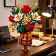 1129PCS Everlasting Flower Bouquet Building Set with Amber Vase – Botanical Collection Home Decor
