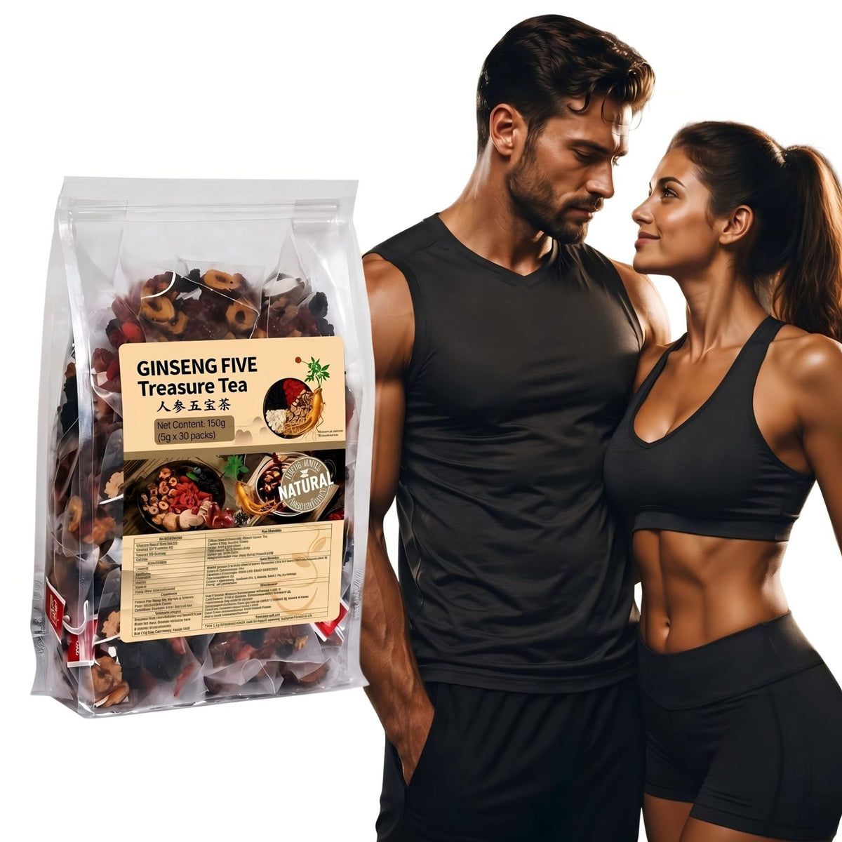 Ginseng Five Treasures Kidney Tea, Traditional Chinese Herbal TeaBags, Natural Kidney Cleanse Detox Tea for Women & Men, 6 Precious Ingredients Formula (1 Pack/30 Bags)