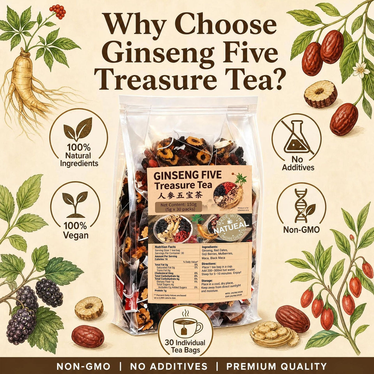 Ginseng Five Treasures Kidney Tea, Traditional Chinese Herbal TeaBags, Natural Kidney Cleanse Detox Tea for Women & Men, 6 Precious Ingredients Formula (1 Pack/30 Bags)