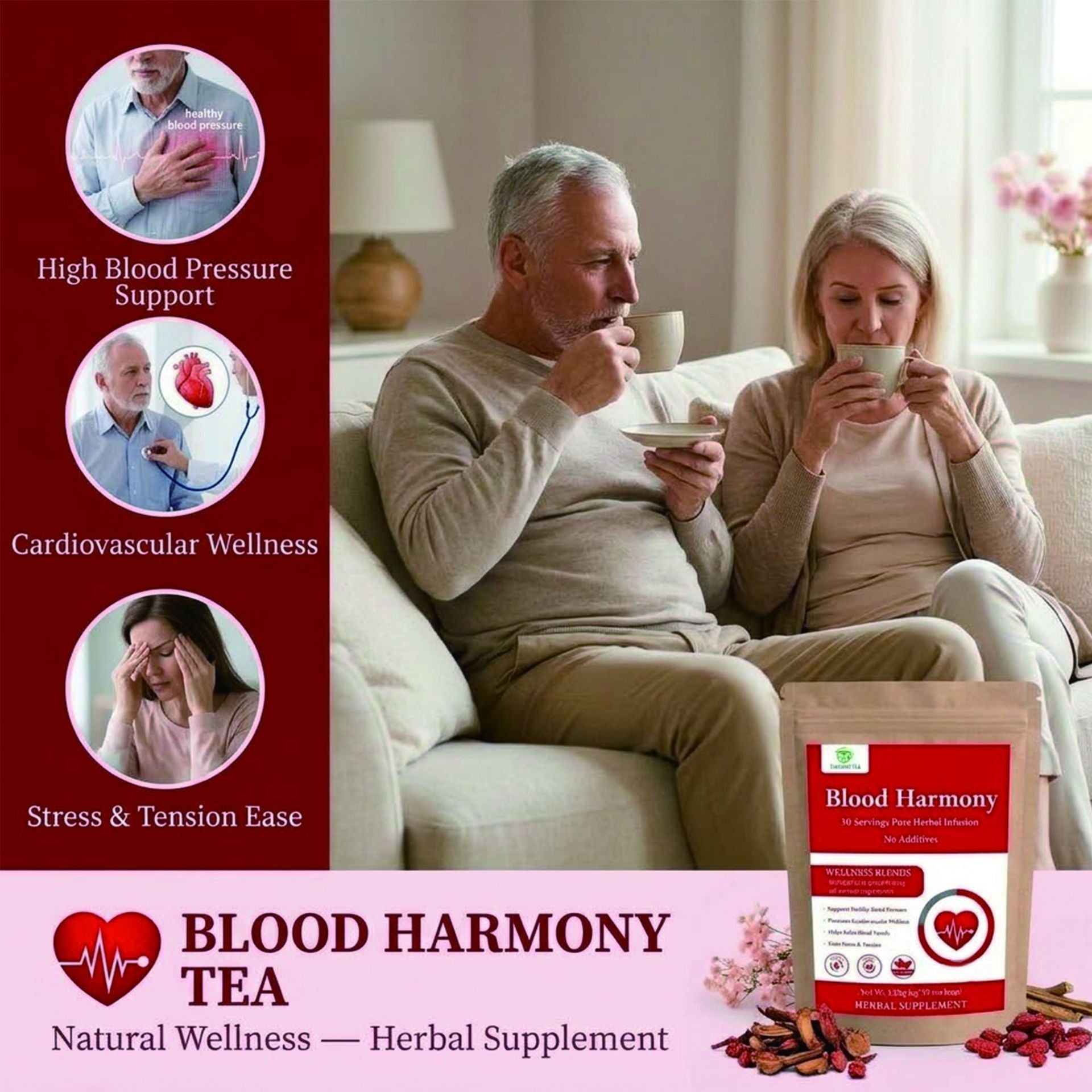 Calm Your Mind, Support Your Heart: Caffeine-Free Blood Harmony Tea with Rose, Hawthorn & Cassia Seed for Daily Stress Relief (30 Tea Bags)