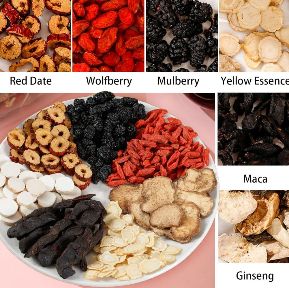 Premium Ginseng Five Treasure Tea - Natural Energy & Adaptogen Herbal Blend with Goji, Black Goji & Red Dates (30 Individual Bags)