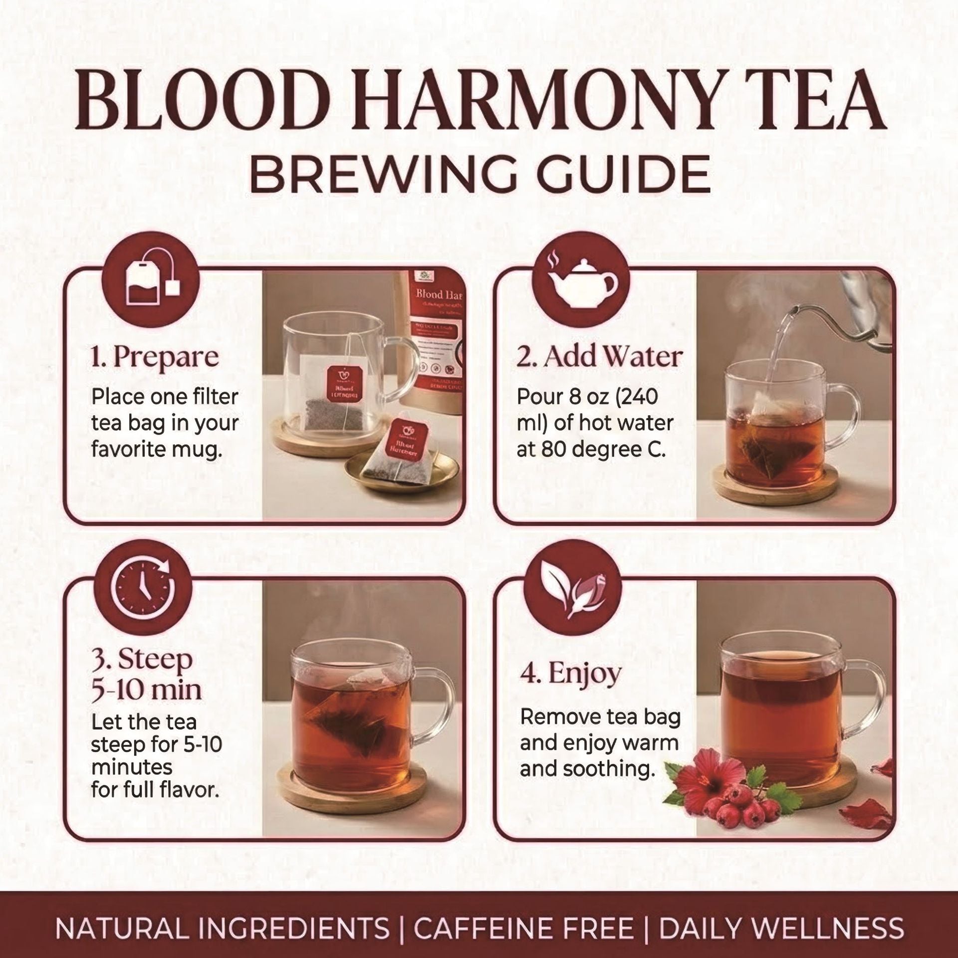 Calm Your Mind, Support Your Heart: Caffeine-Free Blood Harmony Tea with Rose, Hawthorn & Cassia Seed for Daily Stress Relief (30 Tea Bags)