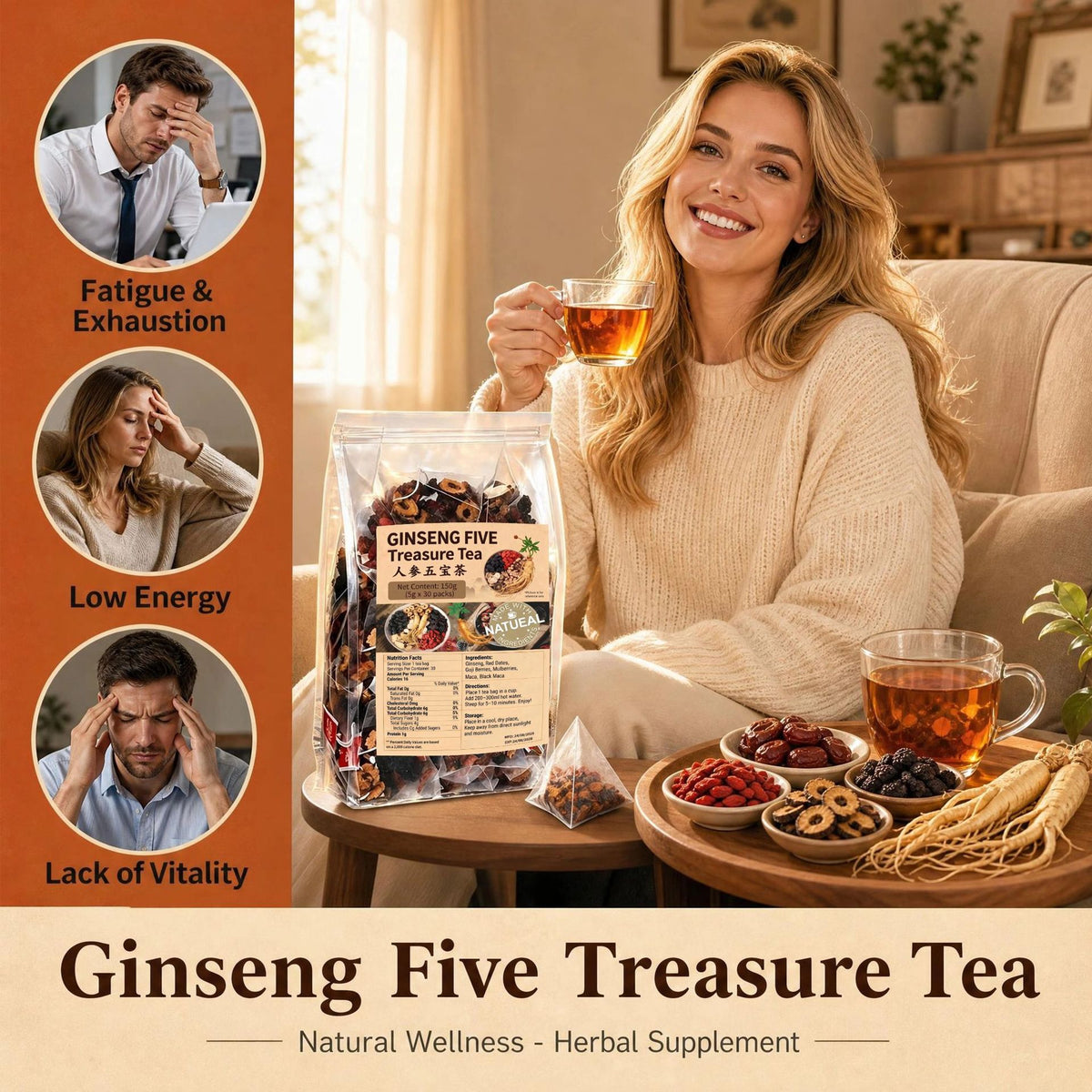 Ginseng Five Treasures Kidney Tea, Traditional Chinese Herbal TeaBags, Natural Kidney Cleanse Detox Tea for Women & Men, 6 Precious Ingredients Formula (1 Pack/30 Bags)
