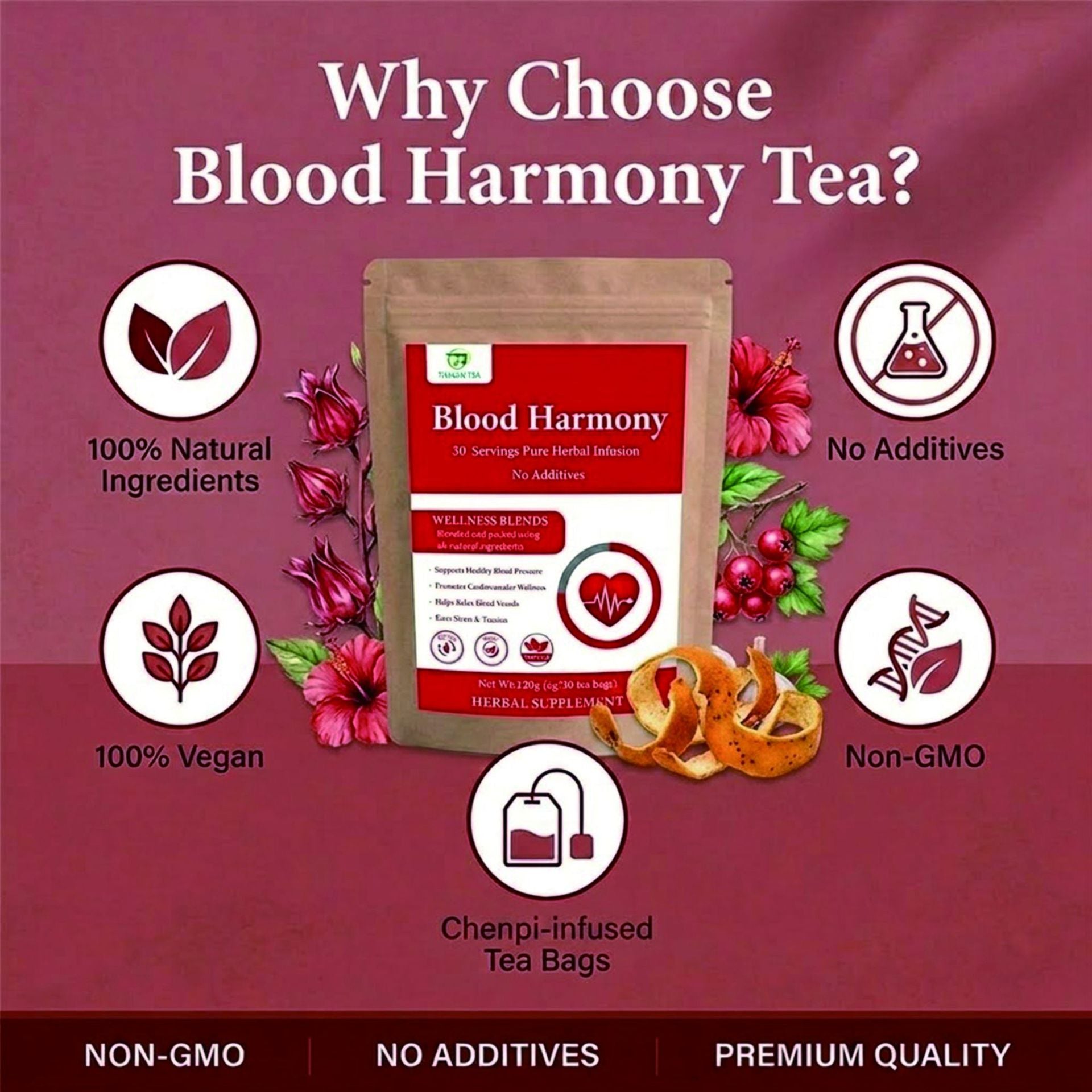 Calm Your Mind, Support Your Heart: Caffeine-Free Blood Harmony Tea with Rose, Hawthorn & Cassia Seed for Daily Stress Relief (30 Tea Bags)