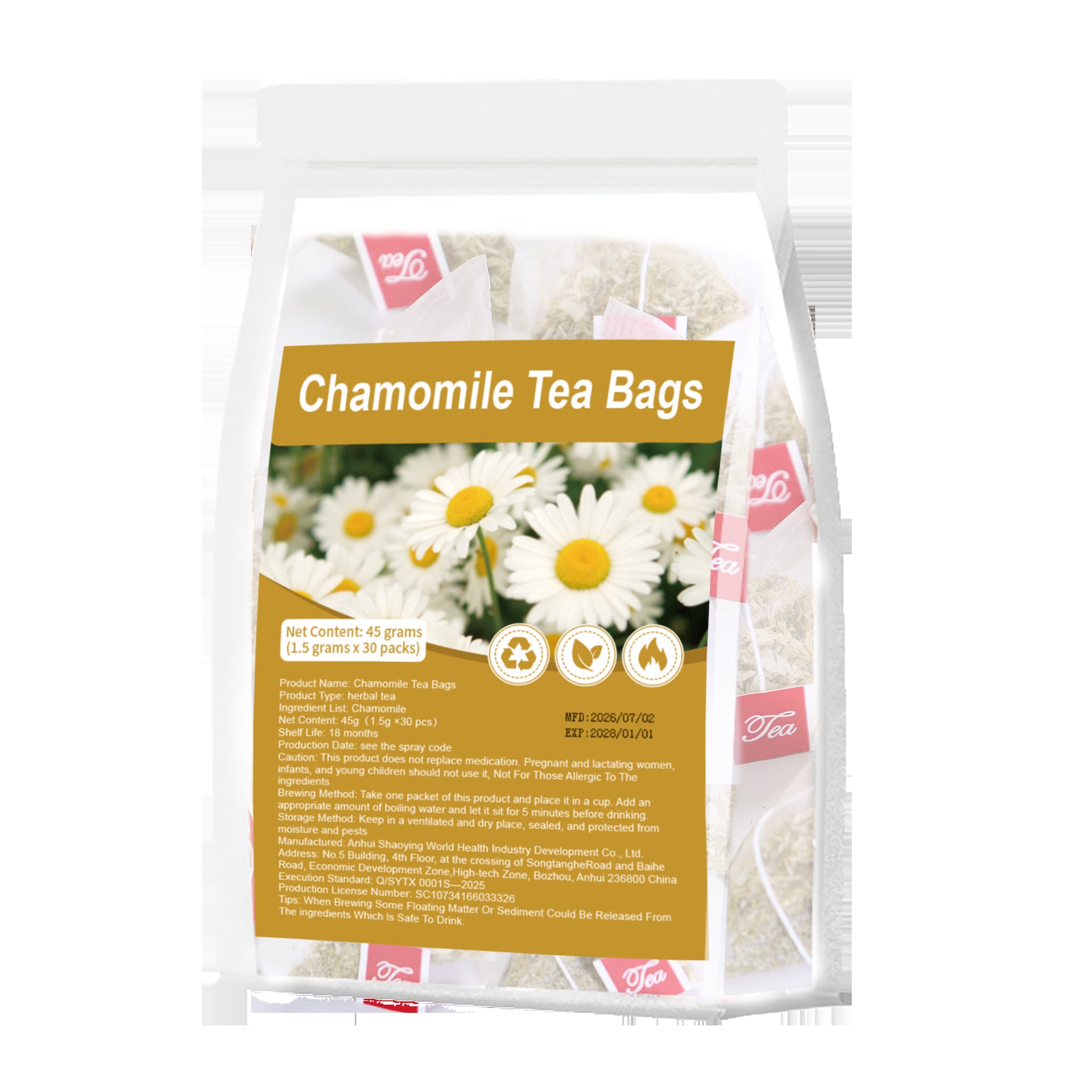 Premium Pure Chamomile Tea Bags – 30 Pyramid Sachets with Easy-Tag, Caffeine-Free Herbal Infusion for Relaxation & Sleep Support