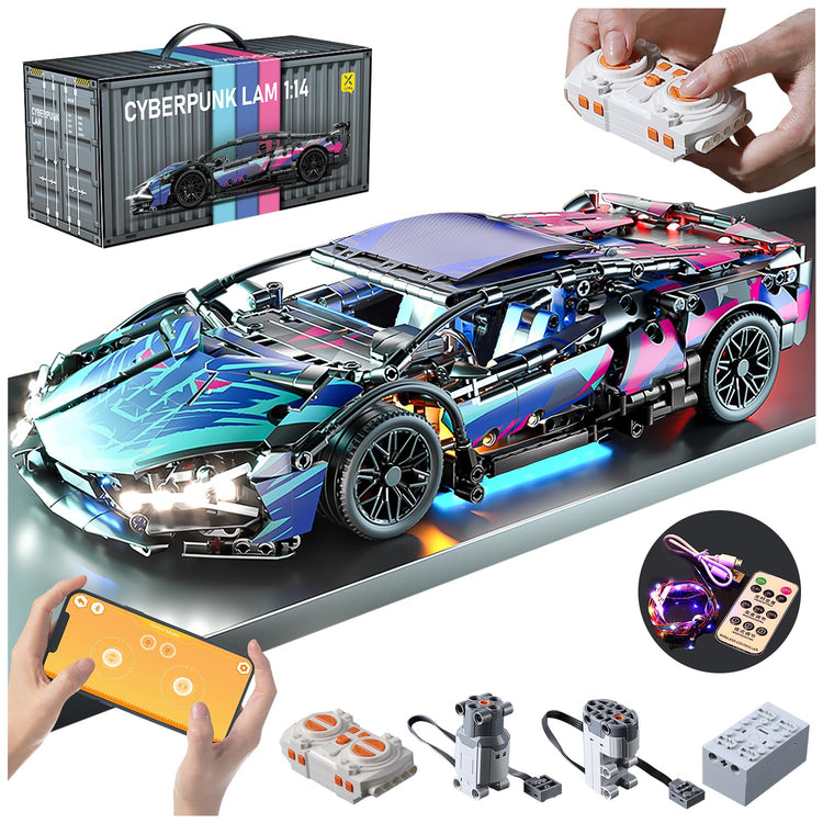 Cyberpunk Sports Race Car Building Set for Boys & Adults, APP & RC Remote Control Car Model Kits with LED Lights, 1:14 MOC Supercar Toys Birthday Gifts for Kids Teens Age 8-14 12-16 (1314 PCS)