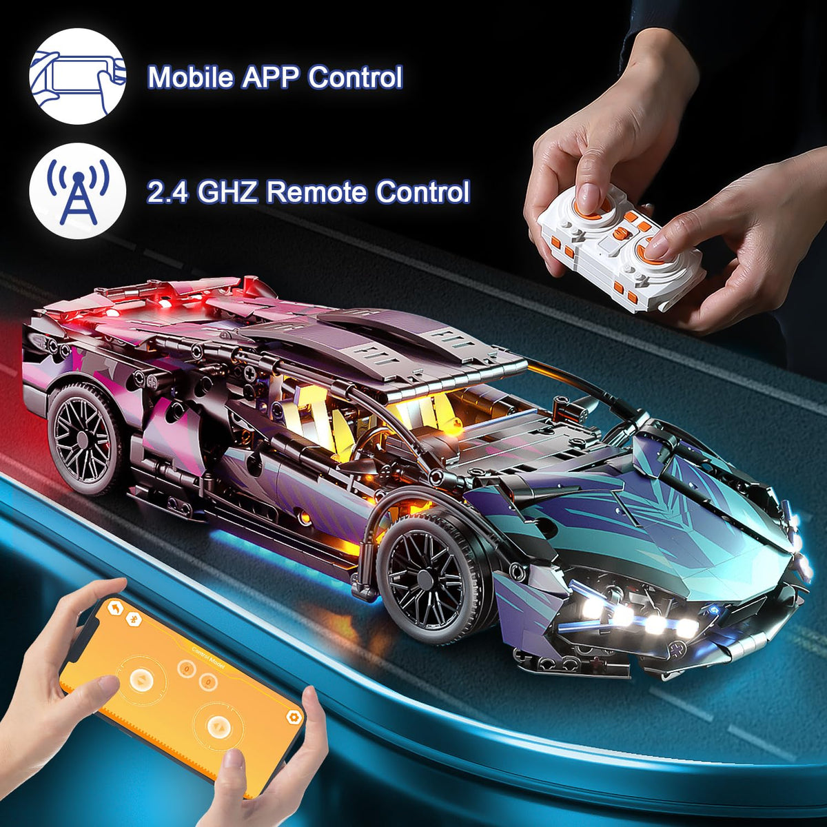 Cyberpunk Sports Race Car Building Set for Boys & Adults, APP & RC Remote Control Car Model Kits with LED Lights, 1:14 MOC Supercar Toys Birthday Gifts for Kids Teens Age 8-14 12-16 (1314 PCS)