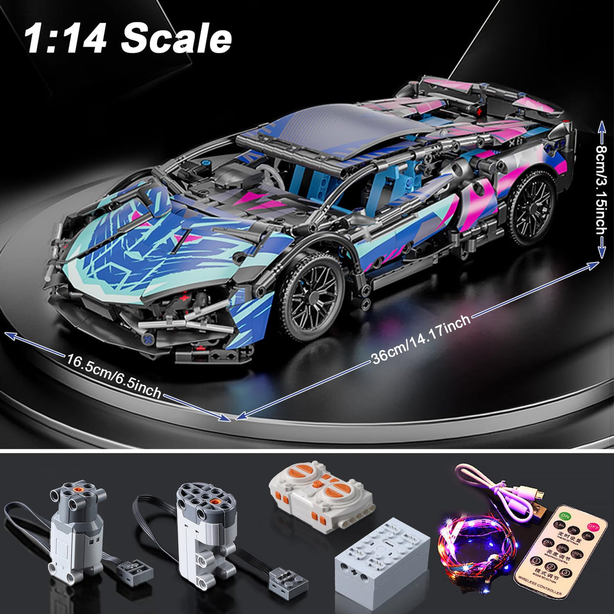 Cyberpunk Sports Race Car Building Set for Boys & Adults, APP & RC Remote Control Car Model Kits with LED Lights, 1:14 MOC Supercar Toys Birthday Gifts for Kids Teens Age 8-14 12-16 (1314 PCS)